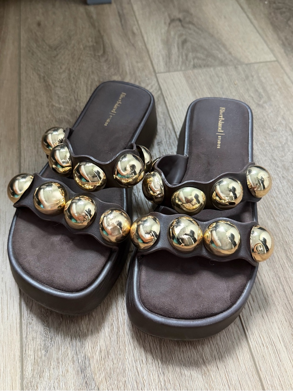 River Island Brown Slide Sandals with Gold Orb Trim